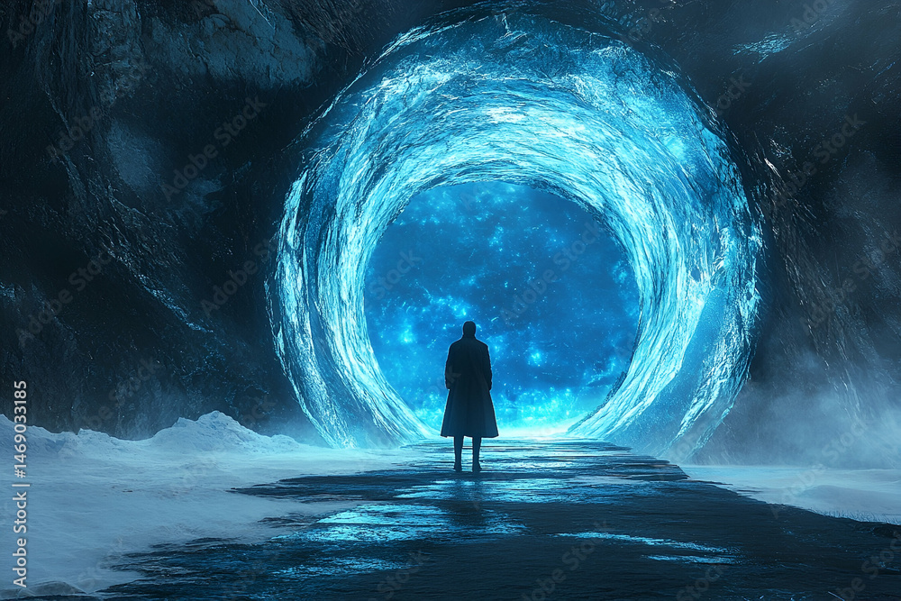 Fototapeta premium A solitary figure stands before a luminous icy portal.