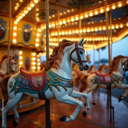 Close-up of vintage carousel in operation at amusement park, detailed hand-painted horses, golden lights, motion blur in background

