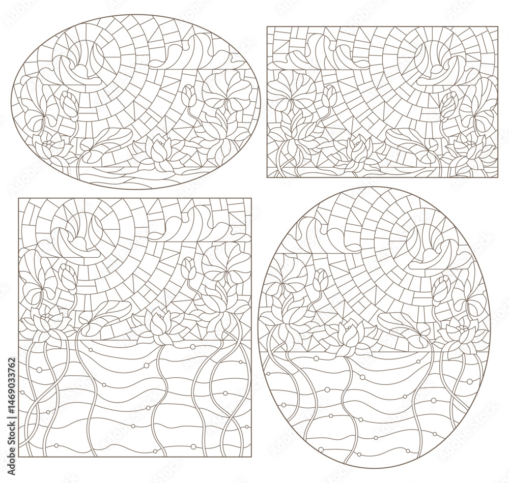 Obraz premium A set of contour illustrations in the style of a stained glass window with lotus flowers on a background of sky and water