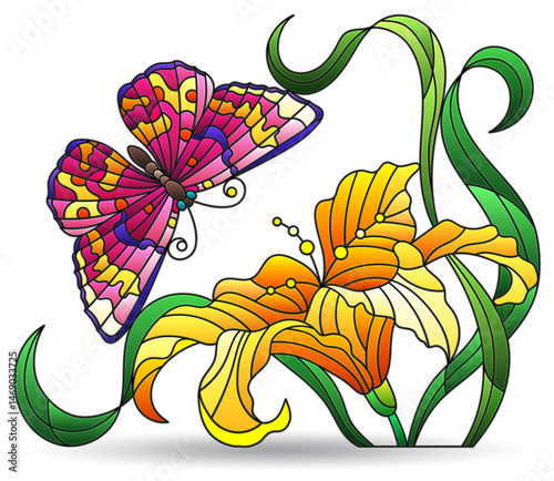 Illustration with butterfly and lily flower, composition isolated on a white background