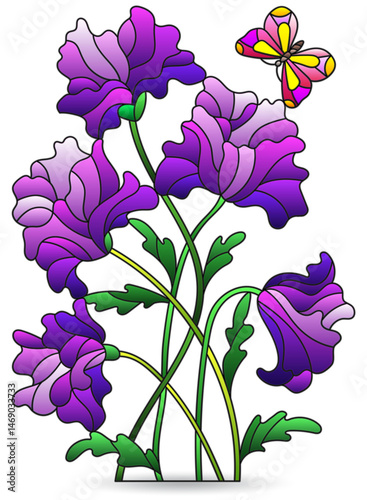 Set of stained glass illustration with composition of poppies and butterflies, isolated on a white background