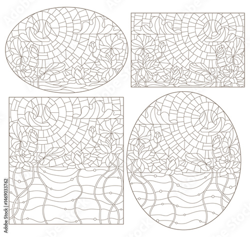 A set of contour illustrations in the style of a stained glass window with lotus flowers on a background of sky and water