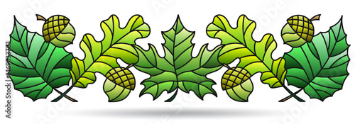 Stained glass illustration with autumn leaves and acorns, isolated on a white background