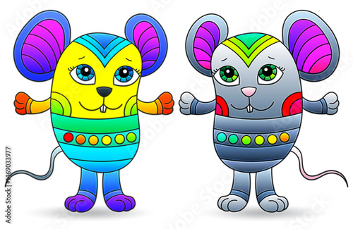 Illustration with a set of cute cartoon mice, animals isolated on a white background