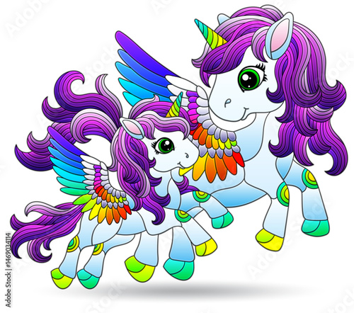 Stained glass illustrations with cute cartoon unicorns , animals isolated on a white background