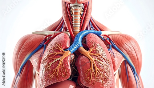 Detailed Human Anatomy Illustration Showing Respiratory System Lungs Muscles Vessels
