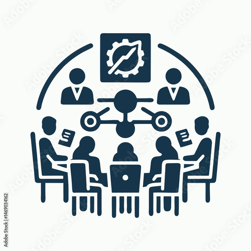 Business collaboration illustration with office employees working together around table in strategic planning session using laptops teamwork communication and planning