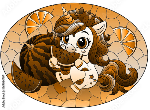 A stained glass illustration with a cute cartoon unicorn and fruits on a cloudy sky background, tone brown