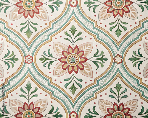 Vintage floral tile pattern with geometric shapes and muted colors