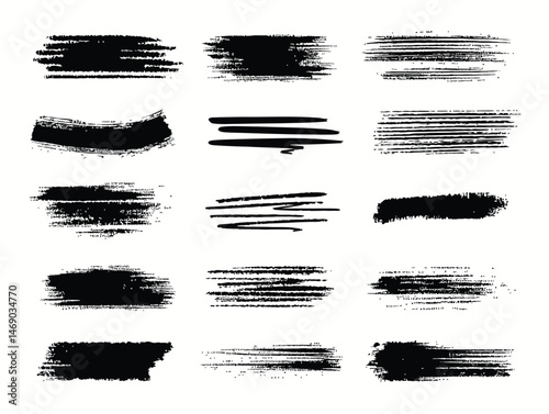 Grunge brush strokes, black ink on white background in rows.