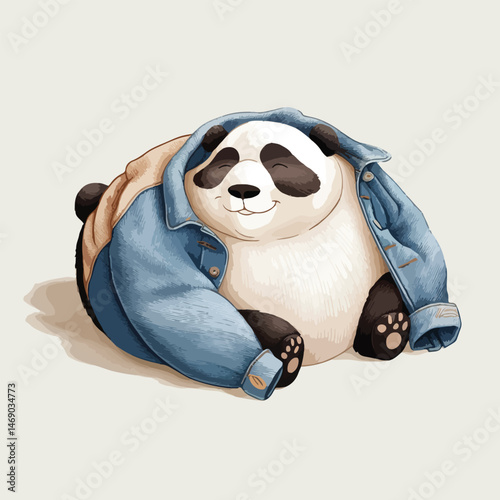 A Cozy Slumber: A Sweet Panda Napping Peacefully While Snuggled in a Soft Blue Denim Jacket