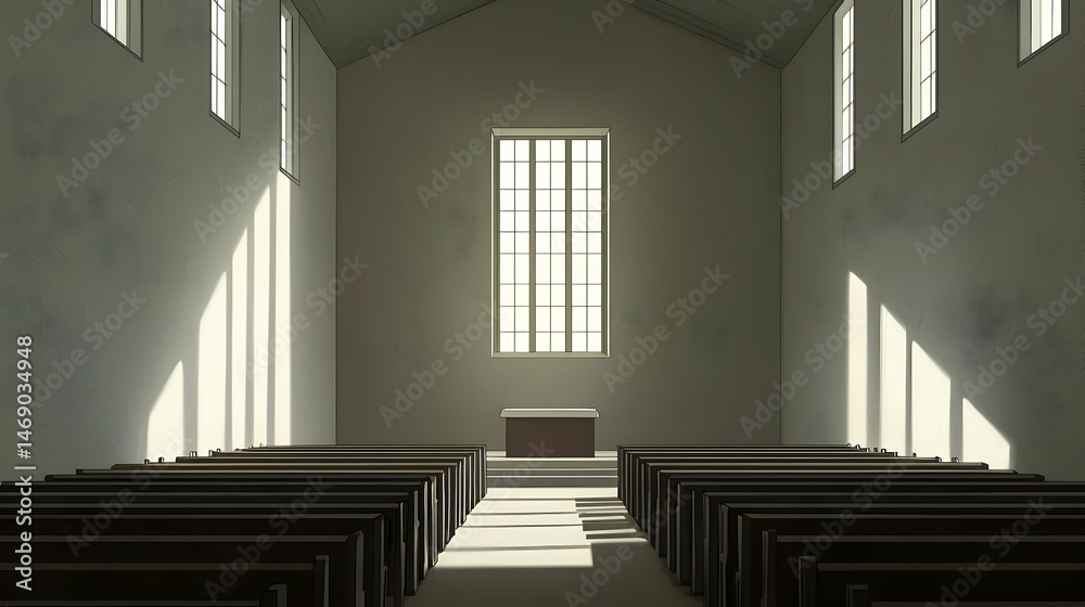 Obraz premium Minimalist interior of a serene chapel with natural light streaming in