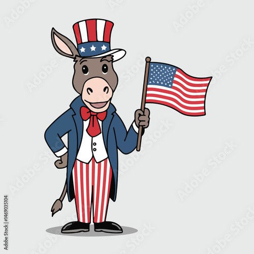 A patriotic cartoon of Uncle Sam, wearing his iconic hat, joyfully holds a US flag for the Fourth of July holiday celebrating America's independence