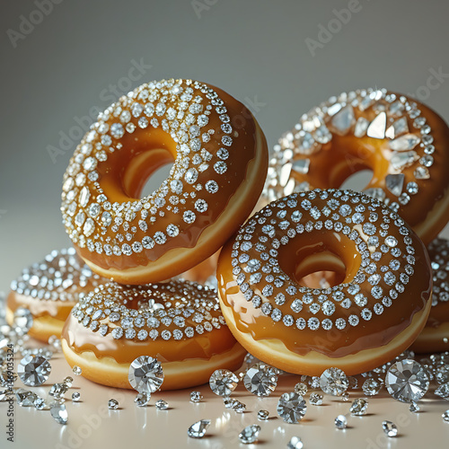 A surreal luxury still life of spaghetti infused with diamonds and crystal-studded jewelry — delicate pasta strands tangled with shimmering gems, glittering bracelets, and faceted crystals.