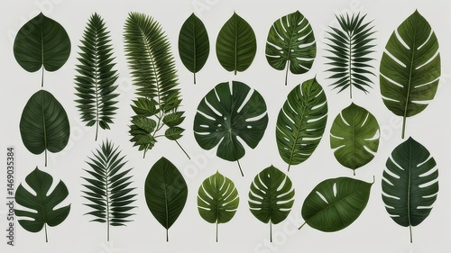 Tropical Foliage Collection Featuring Exotic Green Leaves on Neutral Background