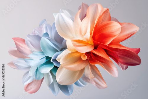 Stunning photorealistic image of vibrant flowers shades of blue, white, orange, and pink, showcasing their delicate petals