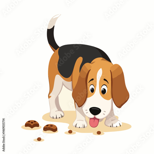 Cute beagle puppy, a young brown and white purebred hound, adorably sits with a bone in a studio portrait against a white background