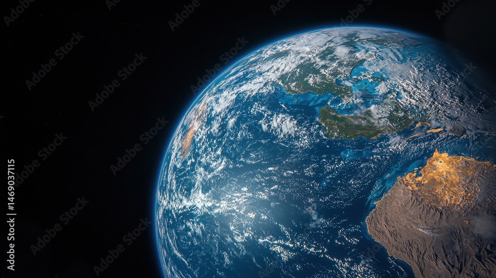 Fototapeta premium Partially-shown earth from space with ocean, landmasses, and cloud cover against black space background