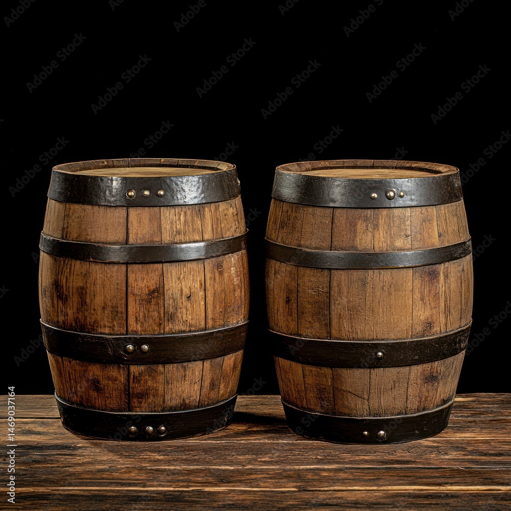 Fototapeta premium Two wooden barrels on dark wood, black background