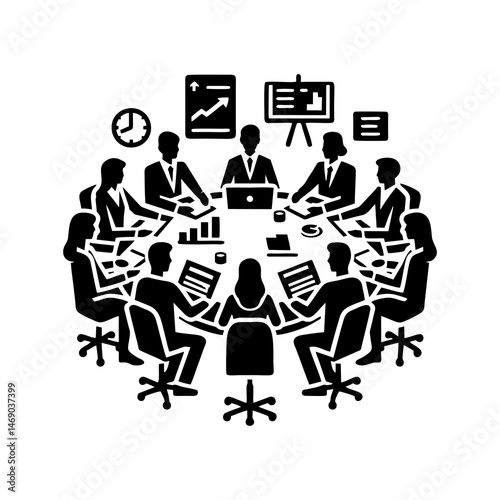 Corporate meeting room vector with business team working together around desk discussing projects and collaborating in office strategy planning and group success

