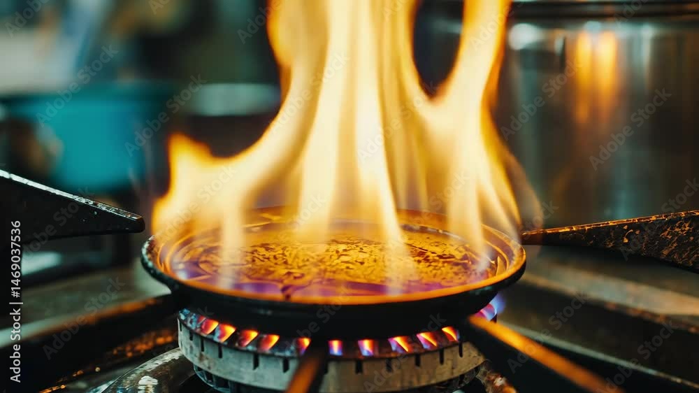 A gas stove burner with a flame