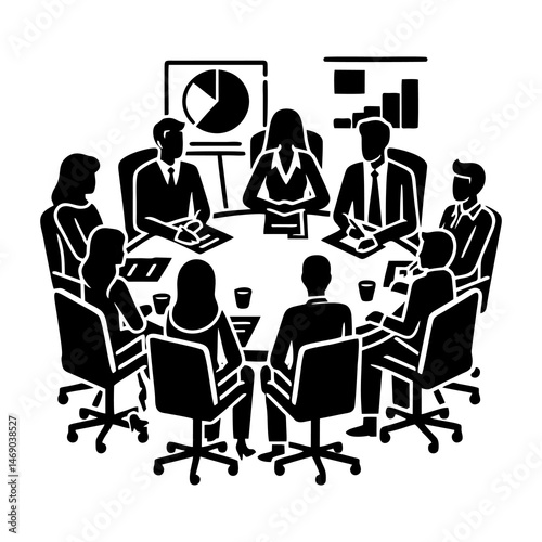 Office teamwork planning session with professional employees collaborating in business meeting using laptops around round table showing productivity and communication