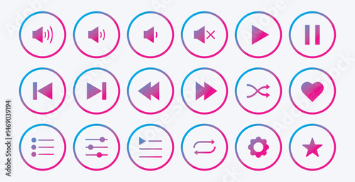 Collection of audio player control button sign design.
Flat style audio player control button symbol. Play, pause, stop, repeat, back and next button icon flat design. Set of Media player icons