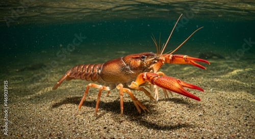 Crawfish on Sandy Riverbed in the Submerged Aquatic Habitat Portrait