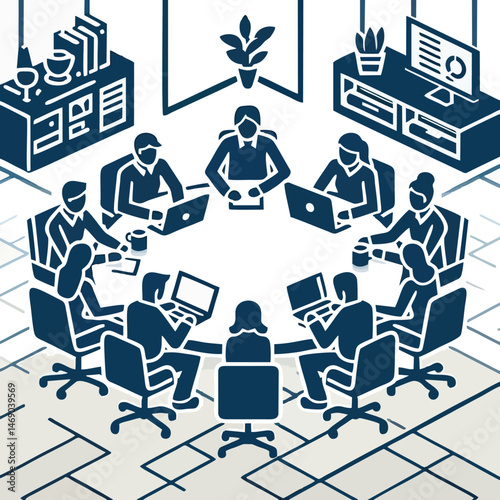 Flat vector of corporate professionals sitting in business meeting around desk showing teamwork collaboration productivity planning and group communication in office