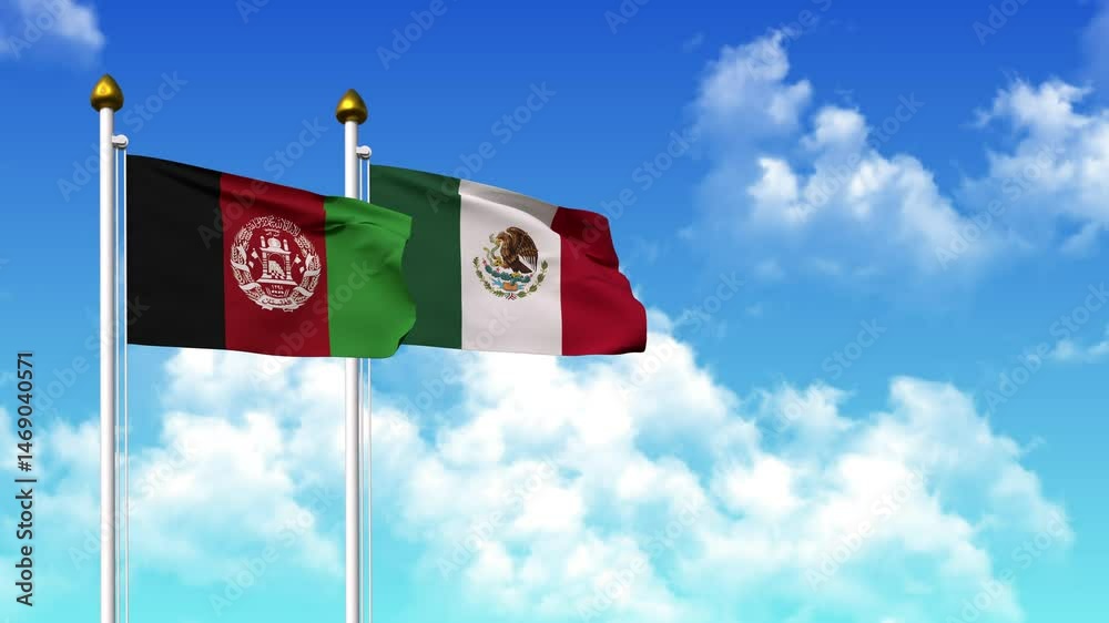 Waving flags of AFGHANISTAN and MEXICO on pole included with alpha channel Waving flags of AFGHANISTAN and MEXICO on pole included with alpha channel