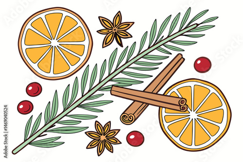 192 orange slices, pine branches, cinnamon sticks, star anise, cranberries, photorealistic, intricate details, vibrant colors, 4k, high quality