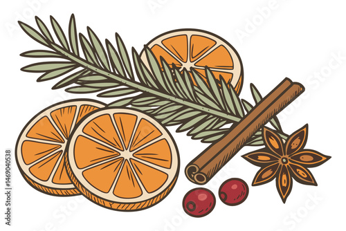 192 orange slices, pine branches, cinnamon sticks, star anise, cranberries, photorealistic, intricate details, vibrant colors, 4k, high quality