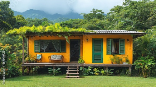 Tropical Yellow Cottage in Lush Green Landscape