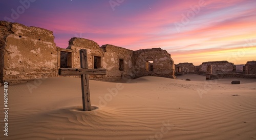Surreal Desert Landscape Featuring Abandoned Buildings and a Wooden Cross During Sunset