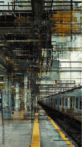 Abstract depiction of a transit hub with elevated structures and passenger train