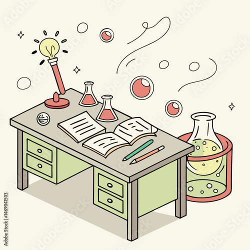 Cartoon scientist’s chaotic desk with bubbling potions and blinking lights