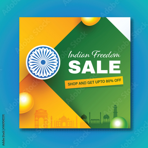 Indian Freedom Sale Poster Design with 80% Discount Offer, Famous Monuments, Glossy Balloons and Ashoka Wheel on Tricolor Paper Cut Background.