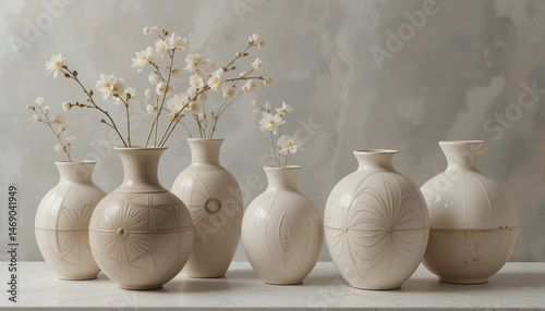 Cream ceramic vases with delicate dried flowers in soft minimalist interior still life