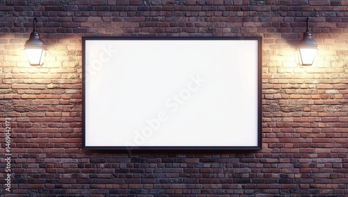 Empty billboard mounted on brick wall at night, lit by lanterns