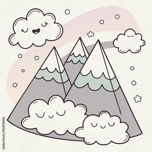 Cartoon mountain peaks shaped like sleeping creatures dreaming clouds