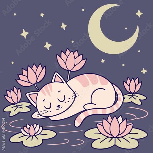 Dreamy cartoon cat napping on floating moonlit flowers