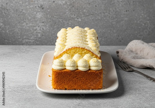 Delicious pound cake adorned with creamy frosting, a delightful culinary treat photo