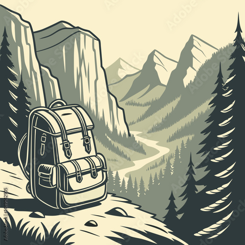 Rugged hiking backpack set against mountain scenery and wilderness vibe