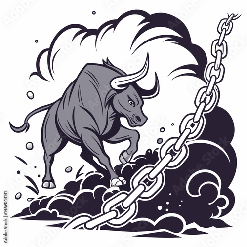 Fearless Bull Breaking Chains in a Powerful Explosion of Dust
