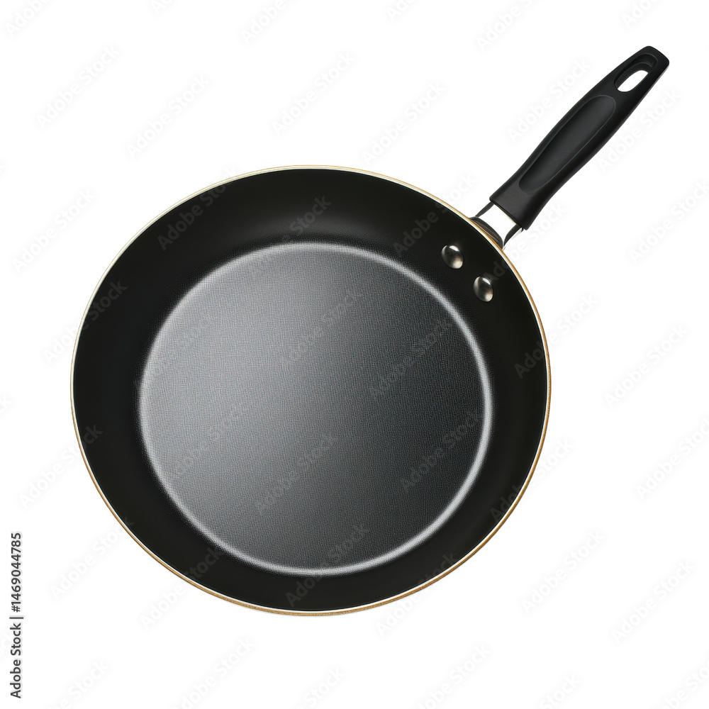 Sturdy black frying pan with a nonstick surface centered on a bright white background perfect for cooking delicious meals isolated on transparent background.. Sturdy black frying pan with a nonstick surface centered on a bright white background perfect for cooking delicious meals isolated on transparent background..