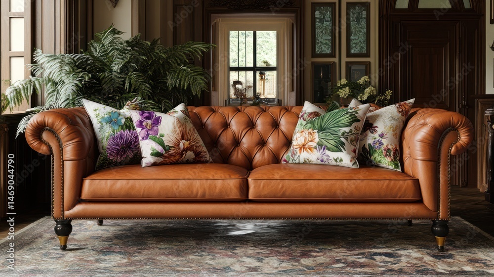 Fototapeta premium Luxurious Leather Sofa in Elegant Home, Interior Design