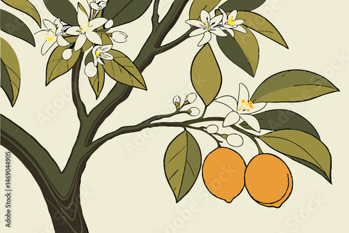 194 detailed realistic digital illustration, highly detailed, hyper realistic, cinematic lighting, oil painting, lush lemon tree, fragrant white blossoms, vibrant green leaves, ripe orange fruits, int
