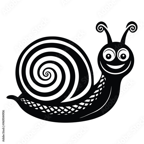 Black and white stylized snail illustration, Cartoon Stylized Snail with Striped Shell