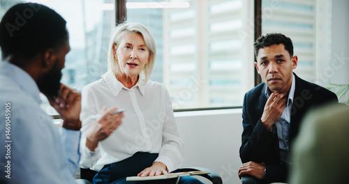Bilde på lerret Business people, therapist or meeting with discussion for mental health, recovery or rehabilitation