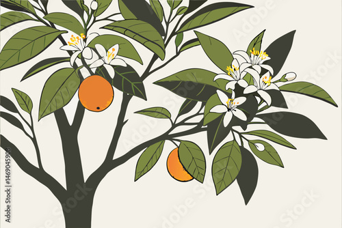 194 detailed realistic digital illustration, highly detailed, hyper realistic, cinematic lighting, oil painting, lush lemon tree, fragrant white blossoms, vibrant green leaves, ripe orange fruits, int